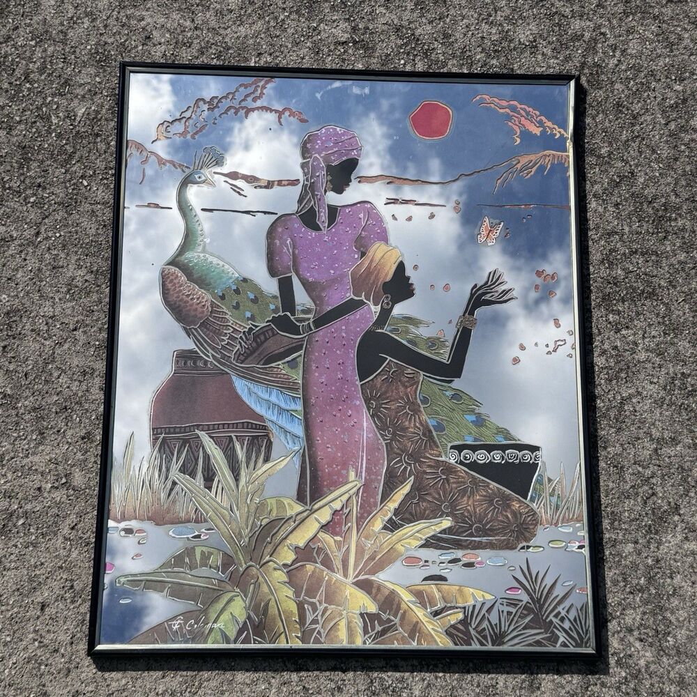Vintage Coleman African Women Peacock Mirror Art 1970s Afrocentric 22”